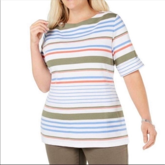NEW Karen Scott Plus Stripe Tee Shirt Top Elbow Sleeves Boatneck Jersey Size 0X - Picture 1 of 6